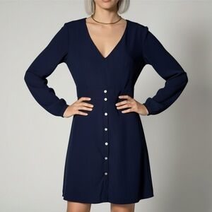 HUTCH Designer Button Front Mini Dress Navy Long Sleeve V-Neck Womens Sz S 4